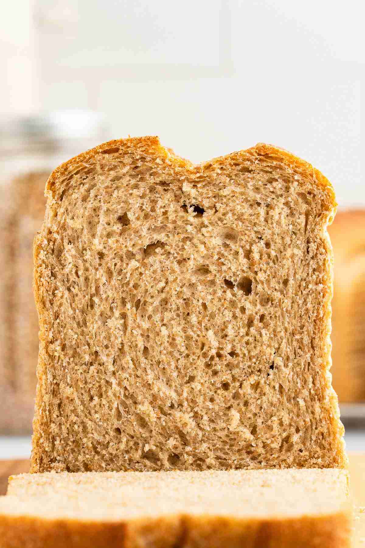 A slice of fresh milled sandwich bread seen from the front