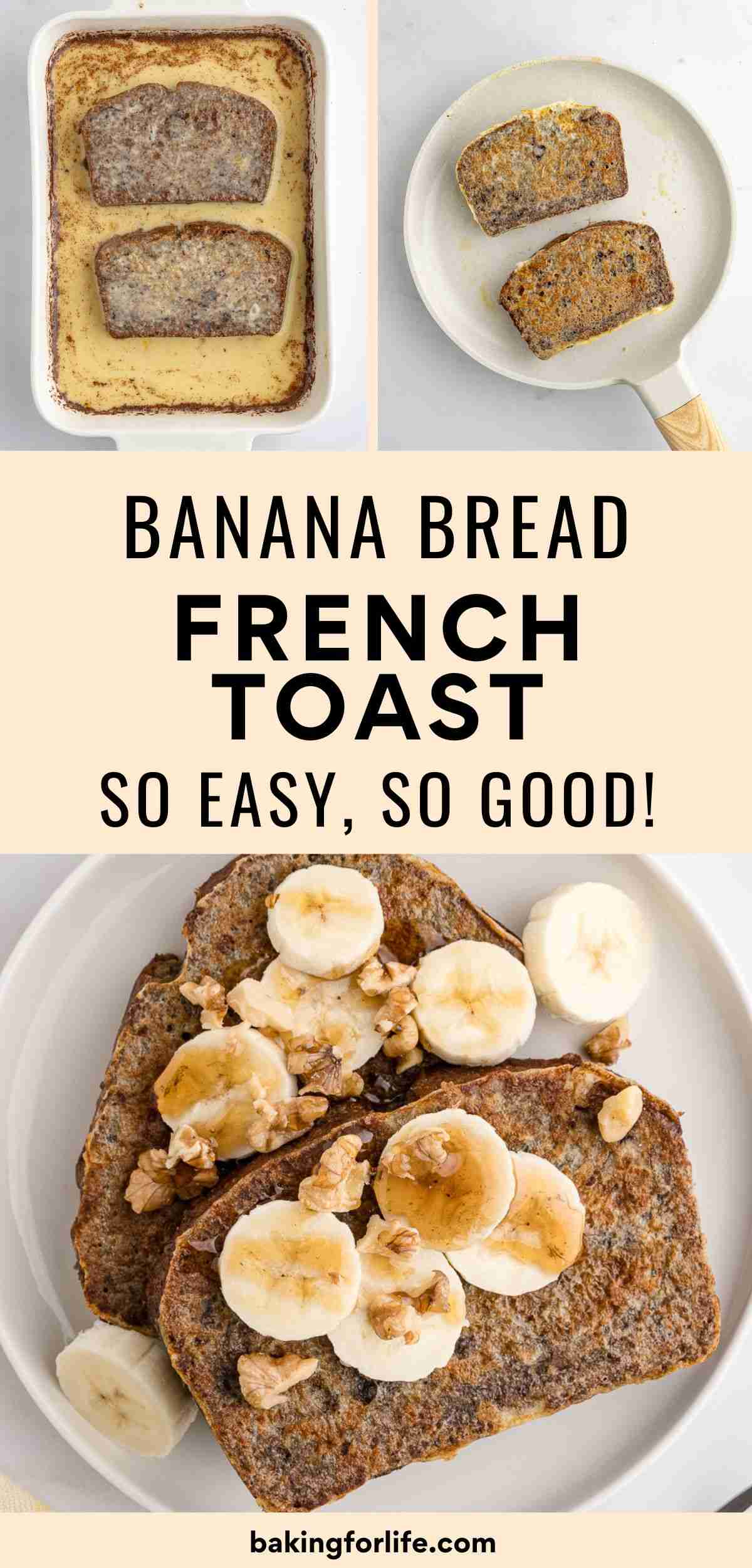 pin image showing overhead view of two slices of banana french toast