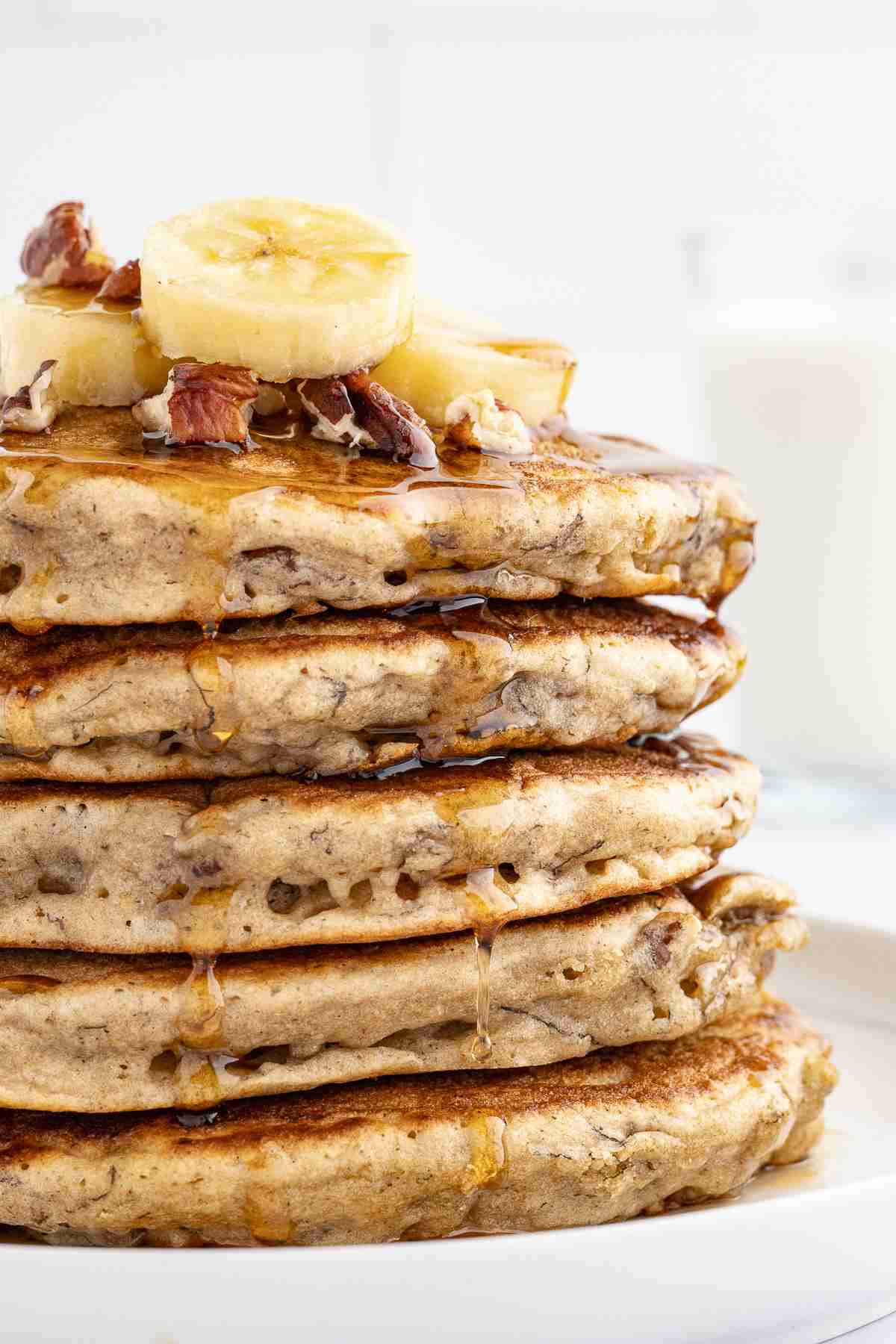 a stack of banana nut pancakes