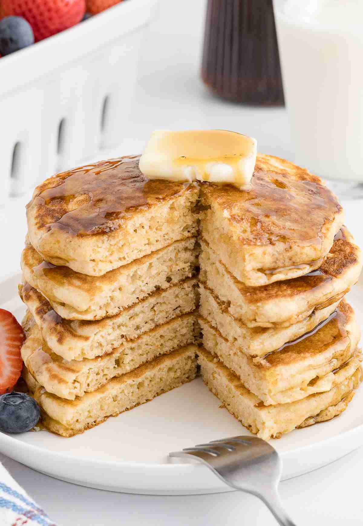 a stack of fresh milled pancakes showing inside texture