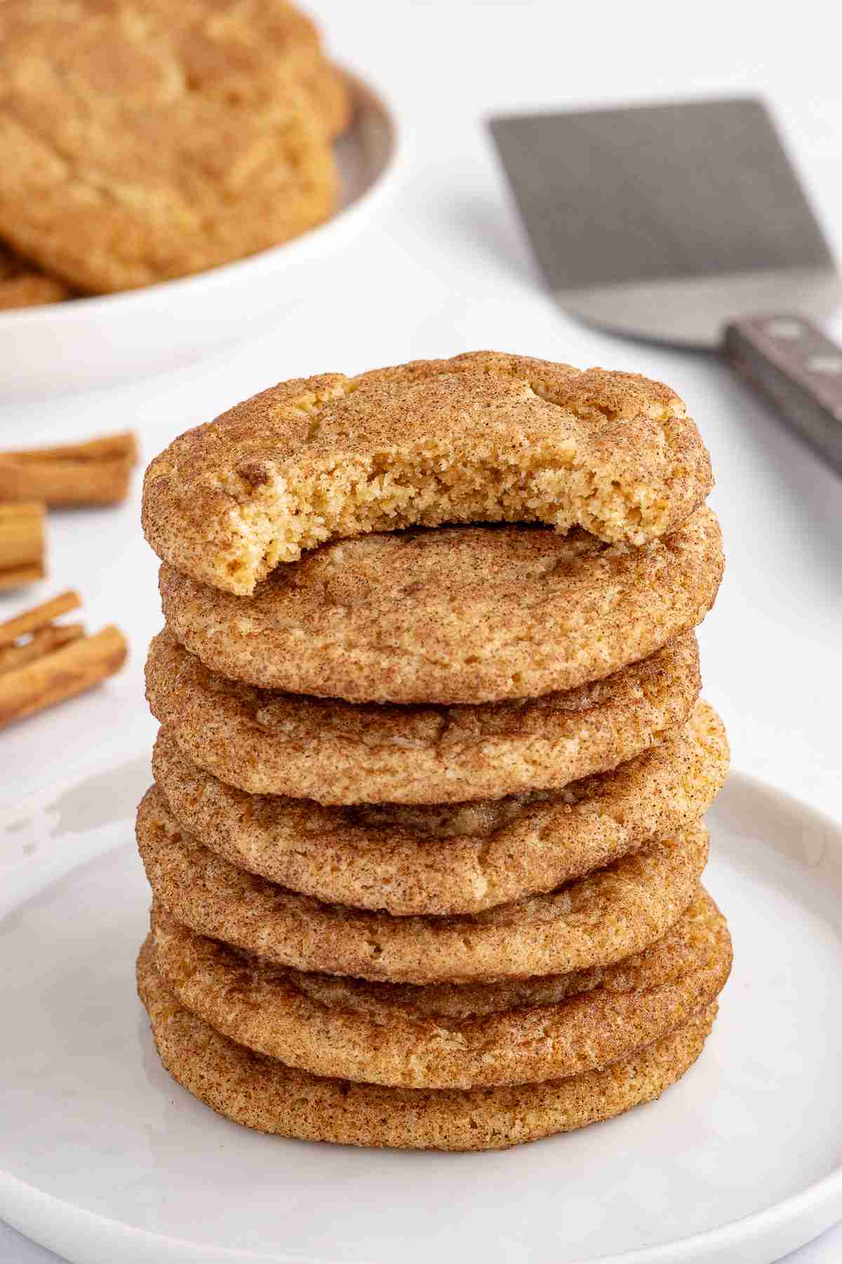 stack of fresh milled snickerdoodles with top showing inside texture