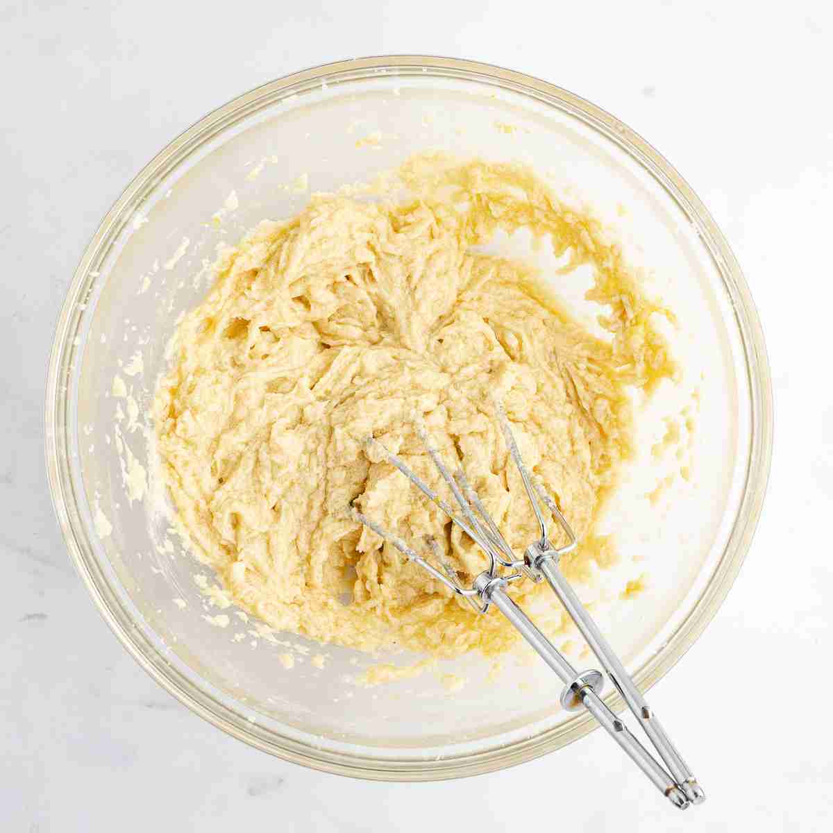 mixing bowl with creamed mixture ready for dry ingredients