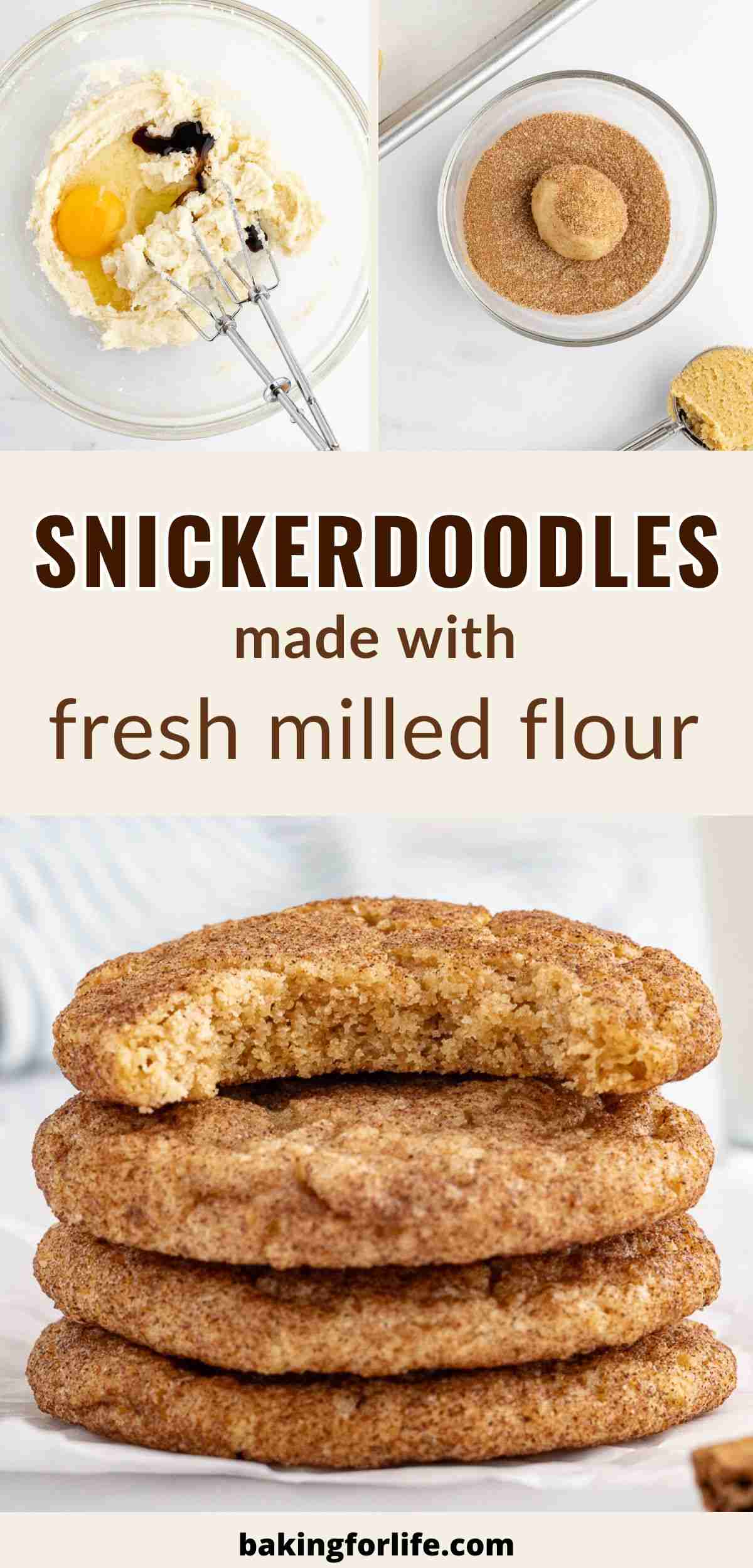 pin image for fresh milled snickerdoodles showing a stack of cookies with bite shot