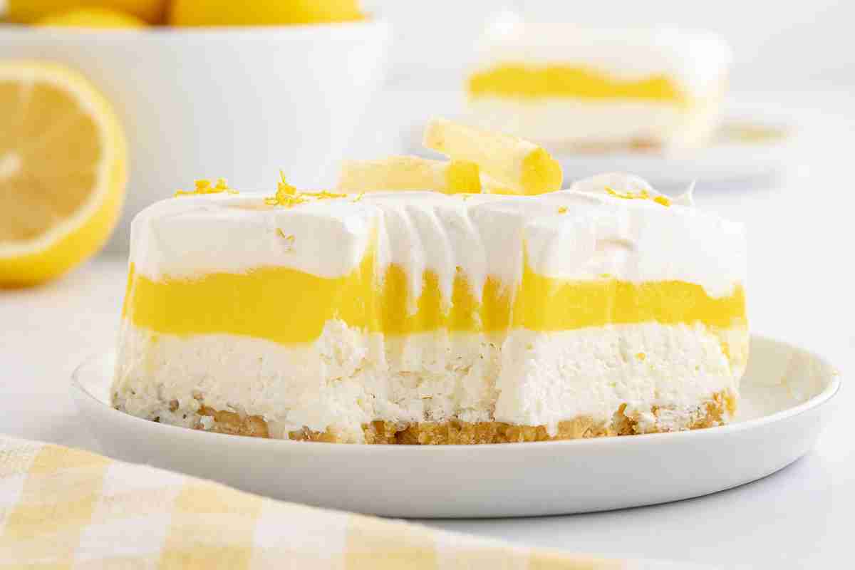 close up of lemon lush with bite taken out 