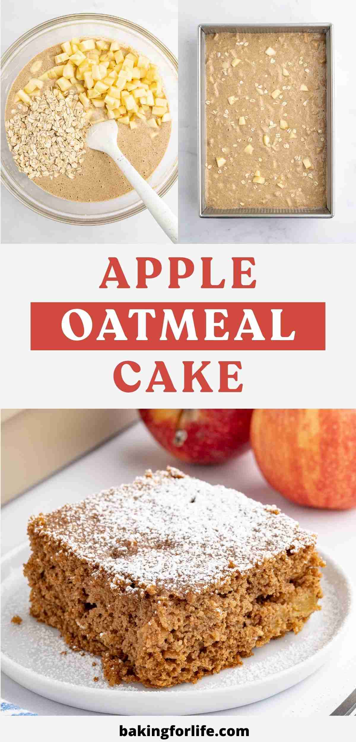 pin image with a single slice of apple oatmeal cake with powdered sugar on white plate