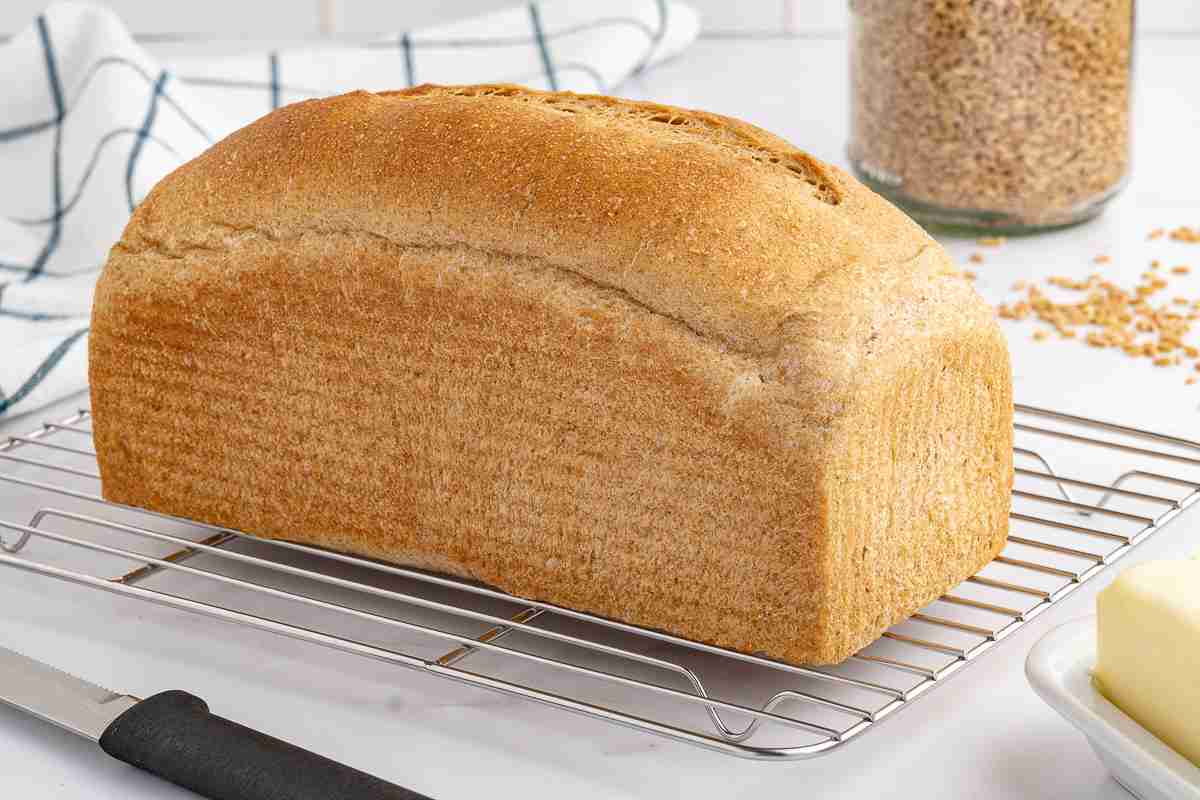 a whole loaf of fresh milled flour bread  on cooling rack with wheat berries in the background butter and knife in the foreground