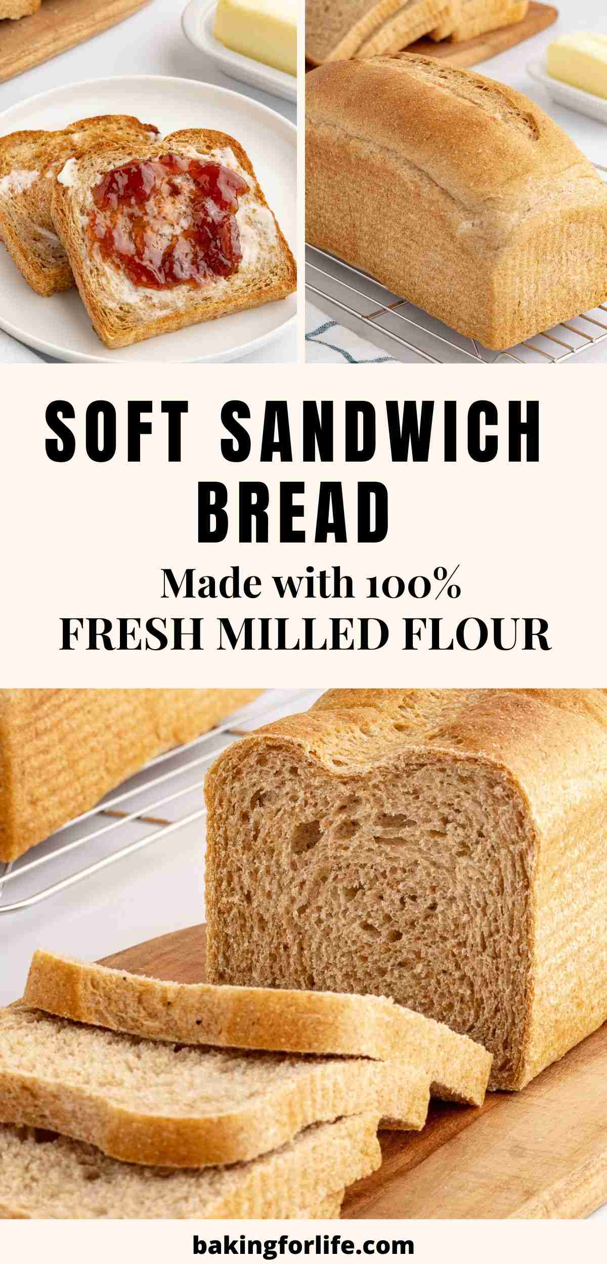 pin image featuring close up of cut fresh milled flour sandwich bread loaf and two slices of toast on plate and uncut loaf
