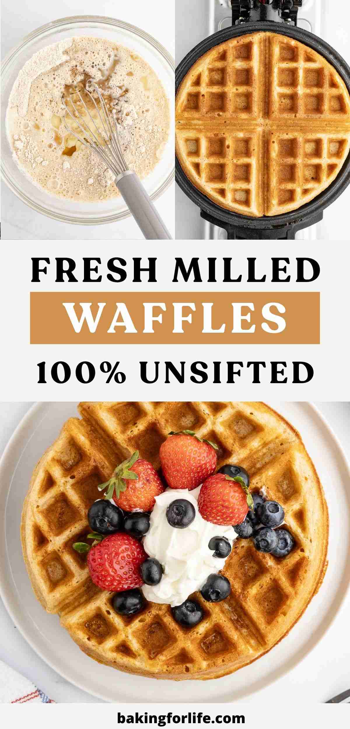 pin image featuring overhead view of fresh milled flour waffles with whipped cream and berries