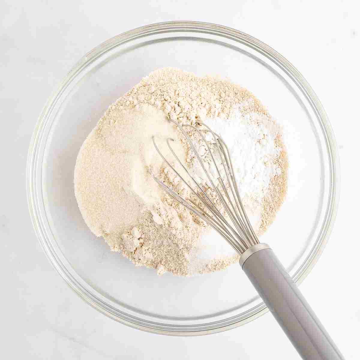 mixing bowl with dry ingredients for fresh milled flour waffles