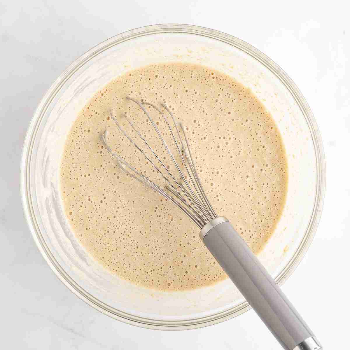 mixing bowl with finished batter for fresh milled flour waffles
