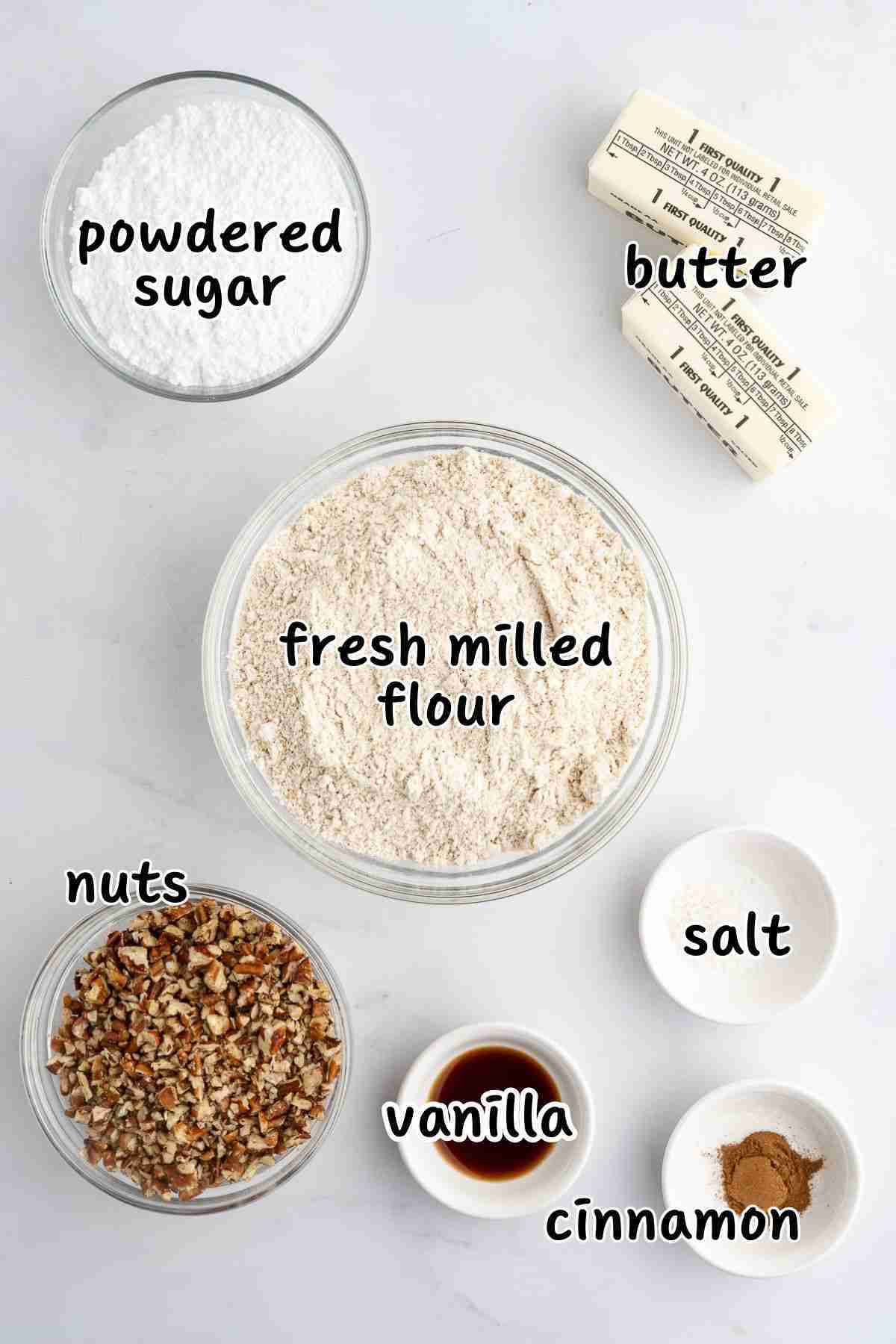 ingredients for fresh milled mexican wedding cookies