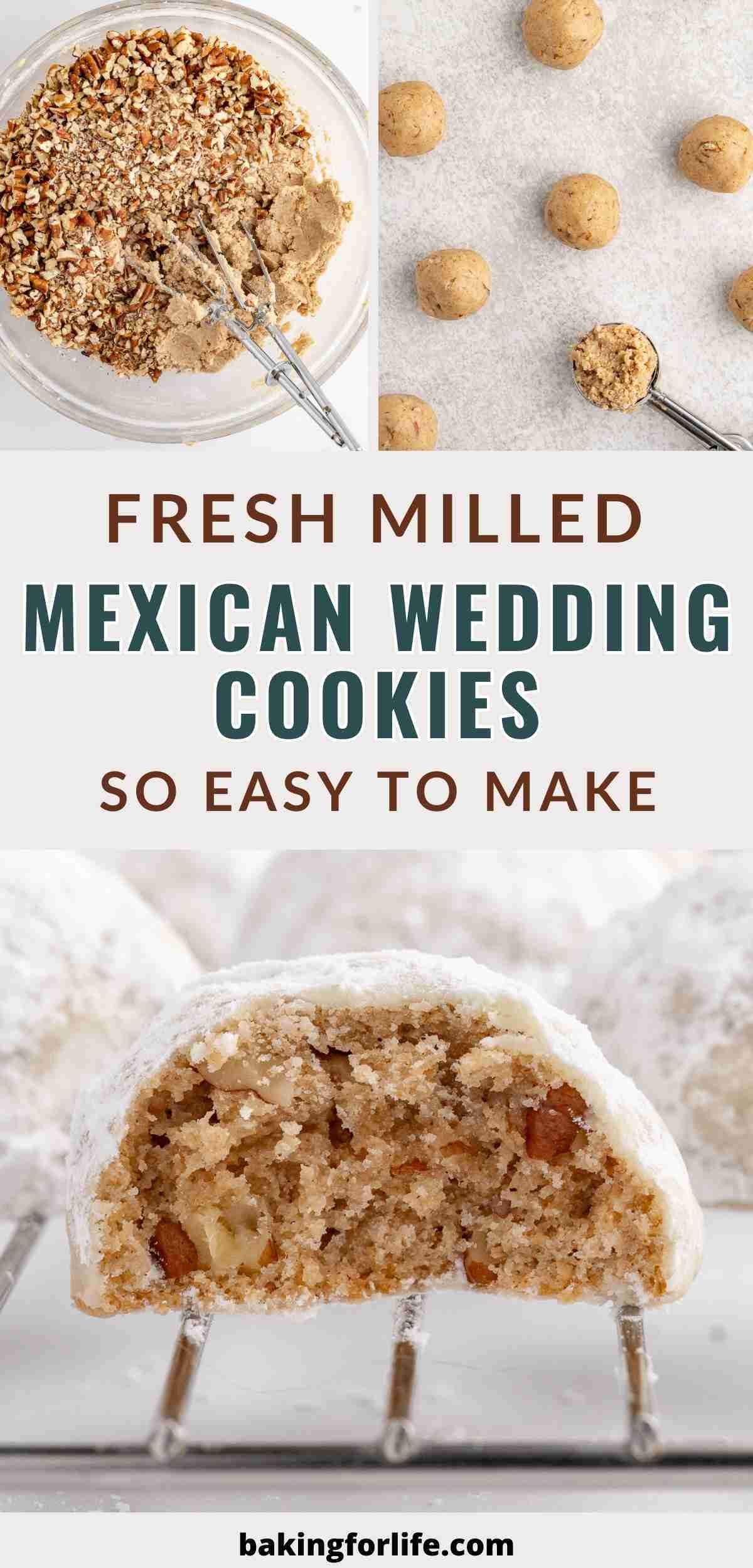 pin image featuring a close up of a fresh milled mexican wedding cookie showing inside texture