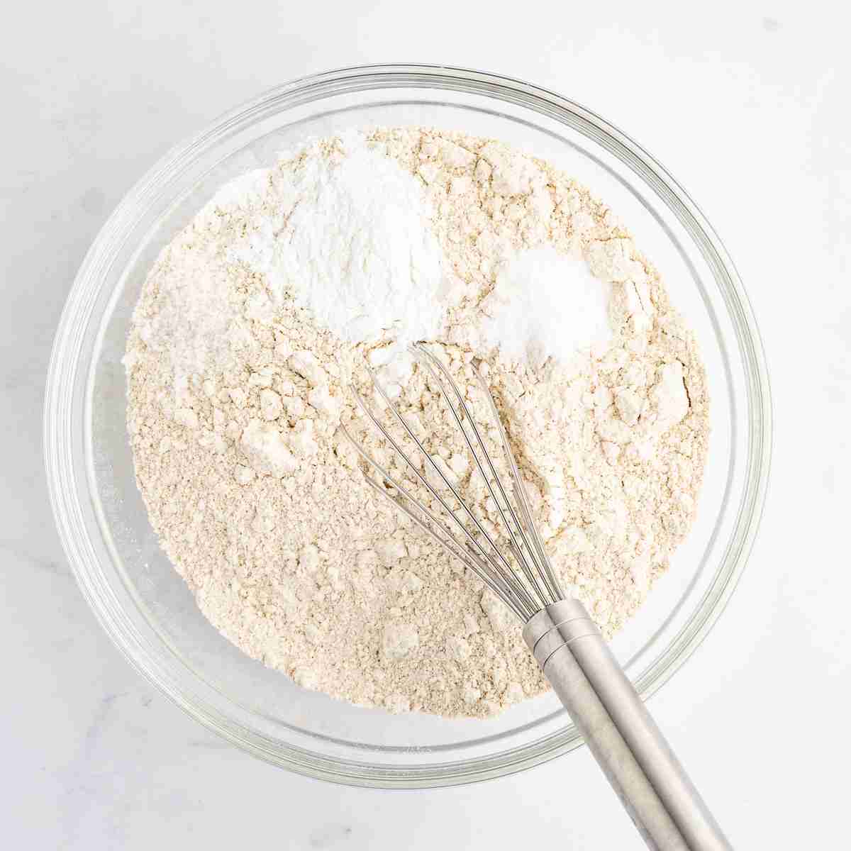 mixing bowl with dry ingredients for fresh milled yellow cake