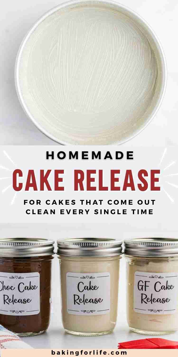 three jars of homemade cakes release and a baking pan spread with cake release with text reading homemade cake release for cakes that come out clean every single time