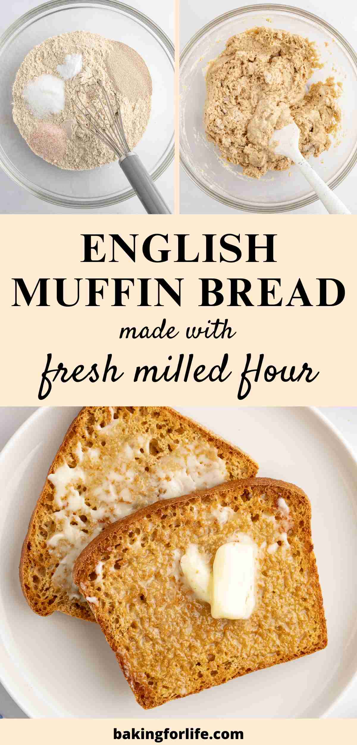pin image showing overhead view of toasted fresh milled english muffin toasting bread with butter on white plate