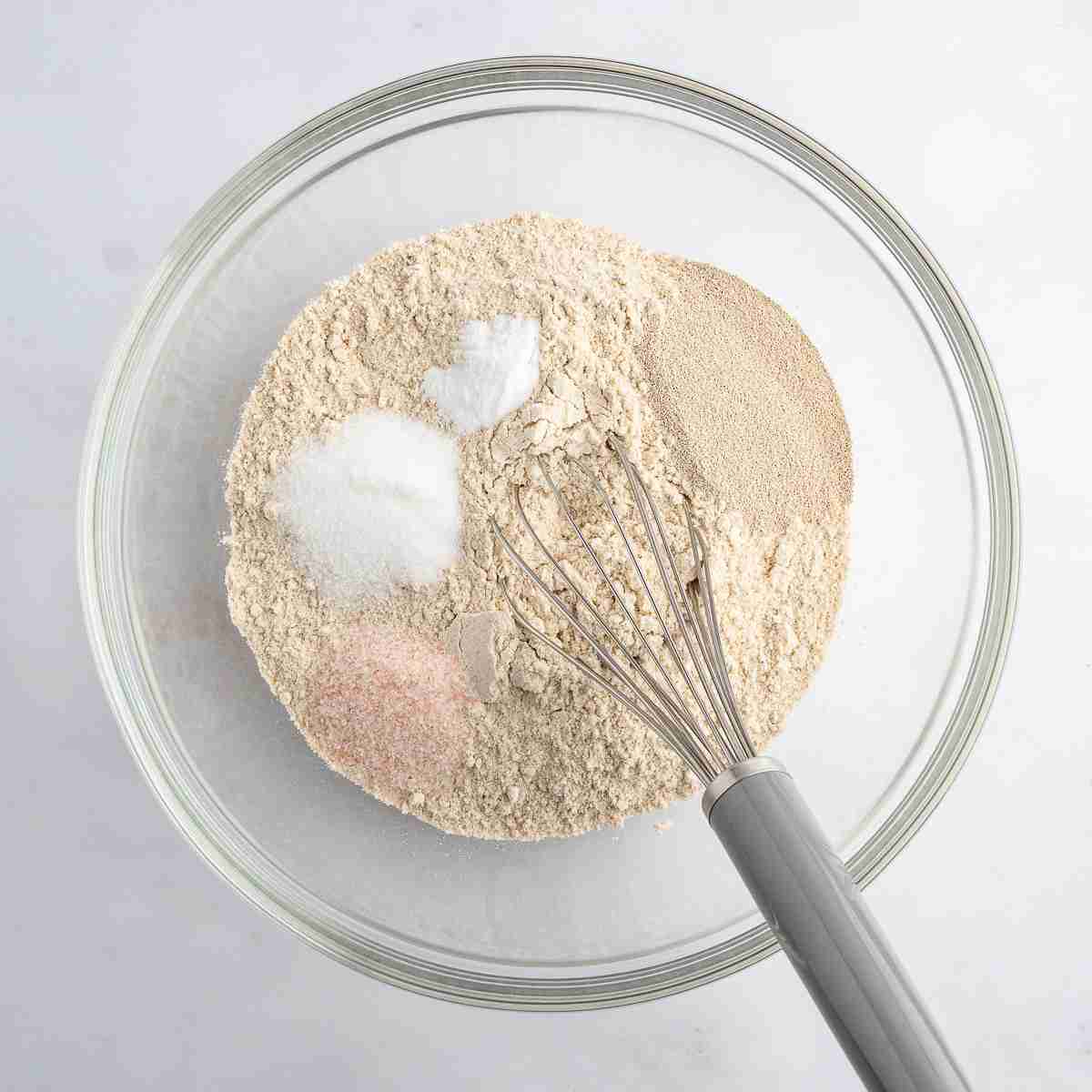 mixing bowl with dry ingredients for fresh milled English muffin toasting bread