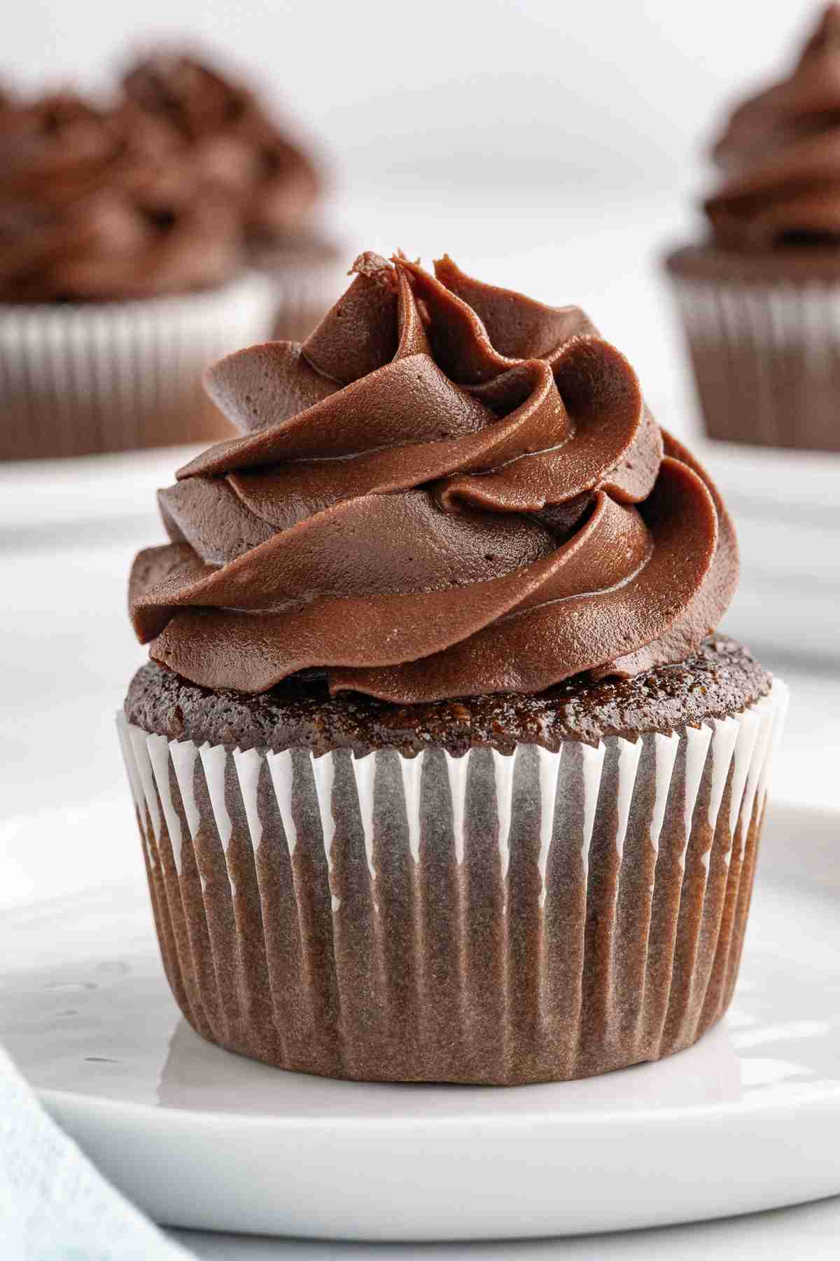 a single fresh milled flour chocolate cake with chocolate buttercream with more cupcakes in the background