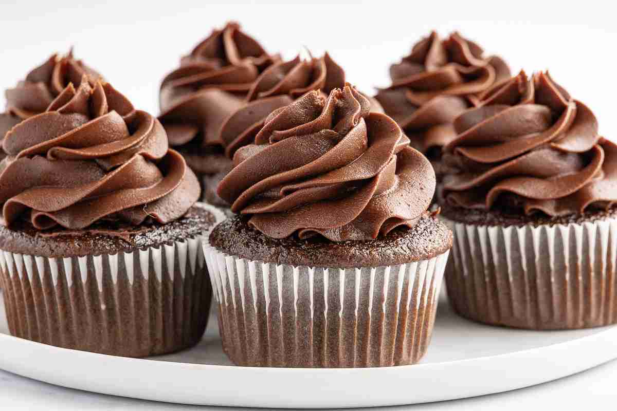 a white serving plate with fresh milled chocolate cupcakes with chocolate buttercream