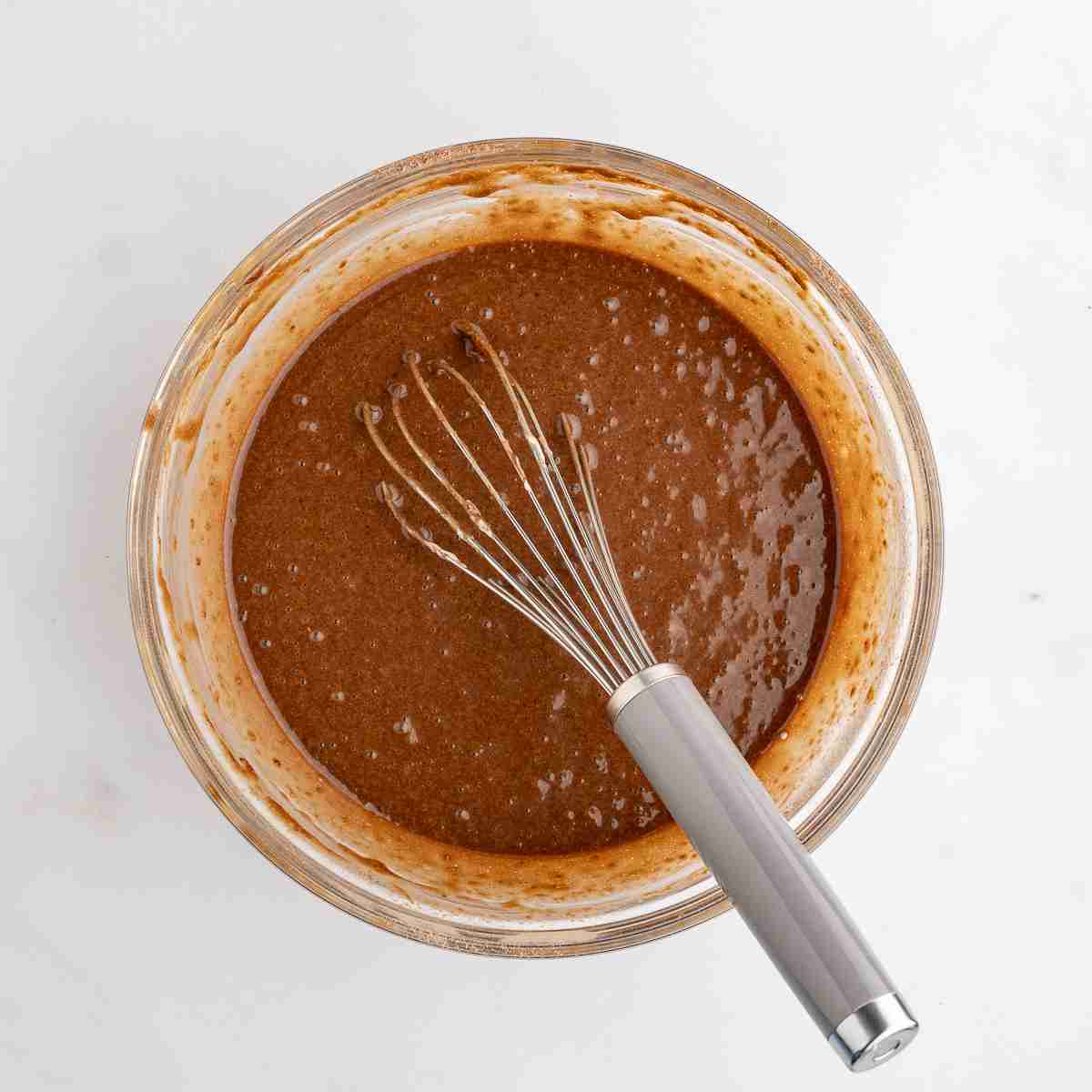 mixing bowl with finished batter for fresh milled flour chocolate cupcakes
