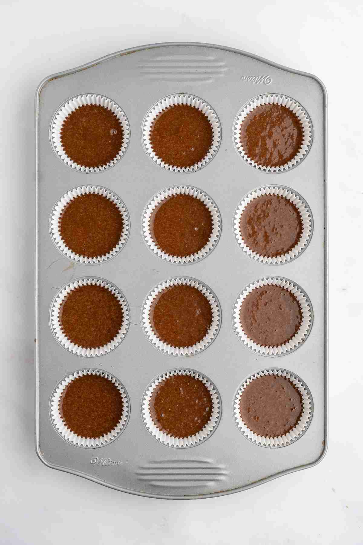 fresh milled chocolate cupcakes in baking pan ready to bake