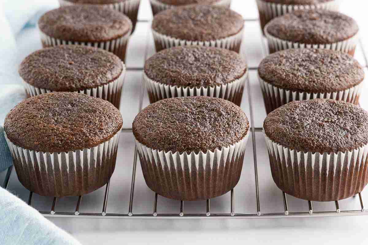 cooking rack with baked fresh milled chocolate cupcakes