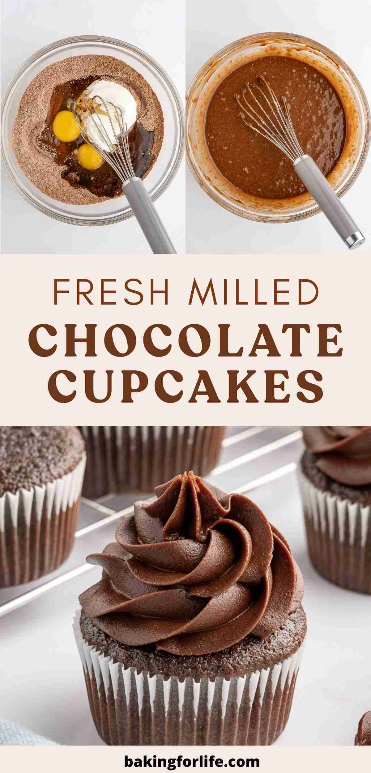 pin image featuring a single fresh milled chocolate cupcake with chocolate buttercream and text reading fresh milled chocolate cupcakes